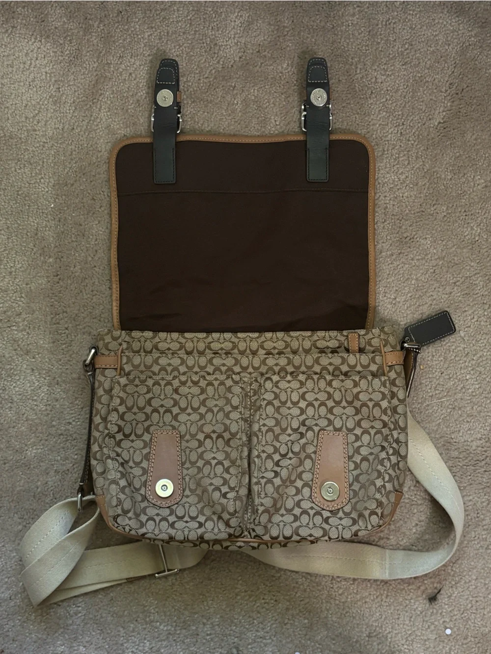 Y2K Coach Brown Signature Jacquard Canvas Messenger Bag with Tan Leather Trim